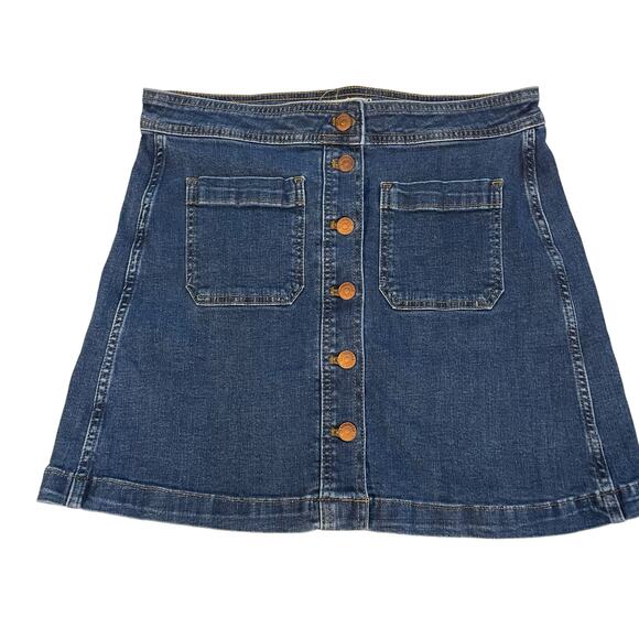 Madewell Size 8 A-line Stretch Denim Miniskirt Button Front Patch Pockets Boho - Picture 2 of 10